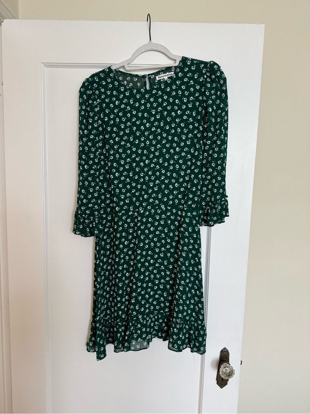 Reformation Forest Green Ditsy Floral Ruffle Mini Dress